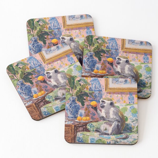 Item preview, Grandmillennial art, Monkey and oranges in pink chinoiserie room designed and sold by SophieClimaArt.