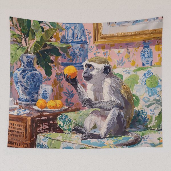 Item preview, Grandmillennial art, Monkey and oranges in pink chinoiserie room designed and sold by SophieClimaArt.