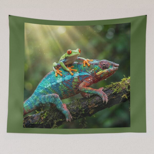Item preview, Red eyed Tree Frog Hitches a Chameleon Ride designed and sold by Tridentulus.