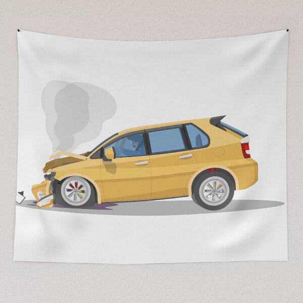 Item preview, ellow Compact SUV Car Crash Vector Illustration with Smoke and Damage designed and sold by Preat Landscape Vector.
