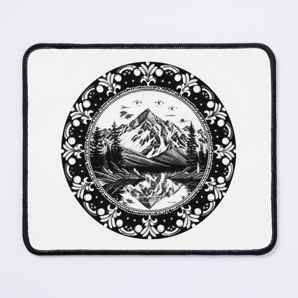Item preview, Ornamental Mountain Landscape Mandala – Rustic Forest Lake Black and White Art designed and sold by inkoutninja.