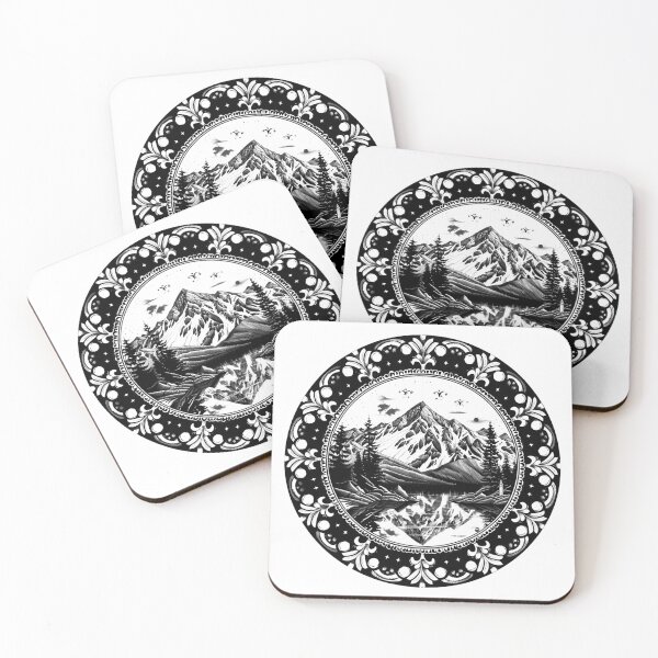 Item preview, Ornamental Mountain Landscape Mandala – Rustic Forest Lake Black and White Art designed and sold by inkoutninja.
