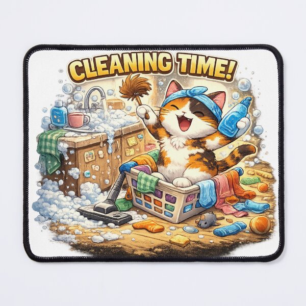 Item preview, Cleaning Time! – Playful Calico Cat Doing House Chores designed and sold by MeowMoodArt.