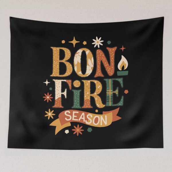 Item preview, Bon-fire season - retro typography - patchwork letters - boho floral - leopard print - vintage distressed - cute doodles - stars and daisies - warm neutral palette - seasonal  designed and sold by JansenGS.
