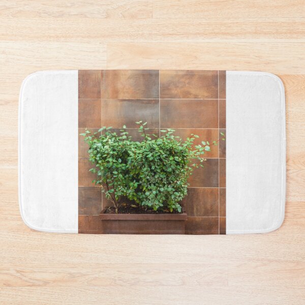 Item preview, Green Bush in Rusty Planter Against Brown Tile Wall for Urban Garden and Outdoor Decor designed and sold by Nmallia.