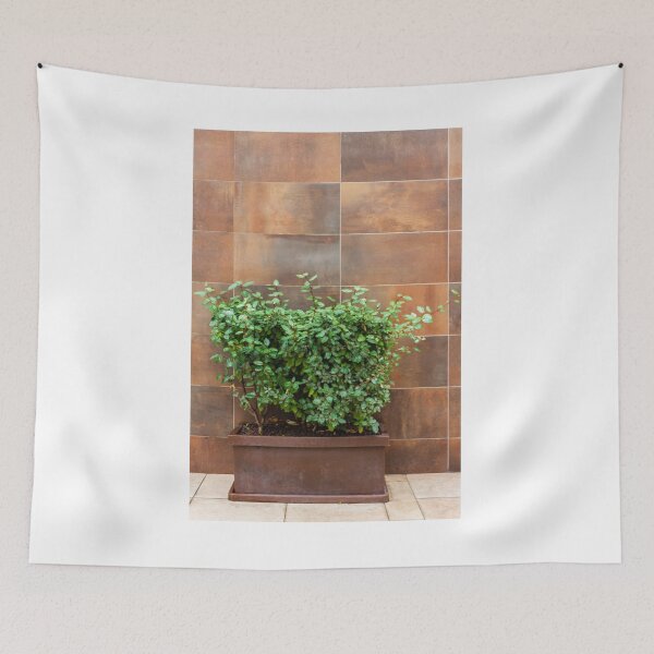 Item preview, Green Bush in Rusty Planter Against Brown Tile Wall for Urban Garden and Outdoor Decor designed and sold by Nmallia.