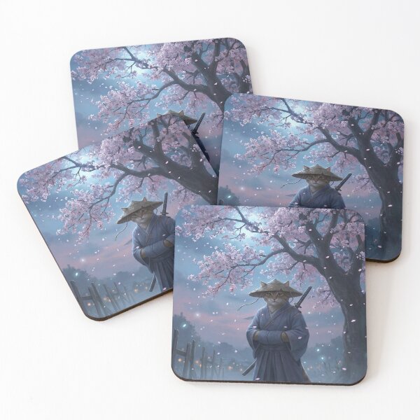 Item preview, Ronin Cat Beneath the Moonlit Cherry Blossoms – Japanese Fantasy Art designed and sold by Mori-no-Akari.