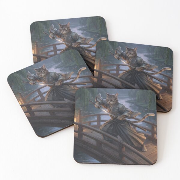 Item preview, Samurai Cat on the Moonlit Bridge – Japanese Fantasy Warrior designed and sold by Mori-no-Akari.