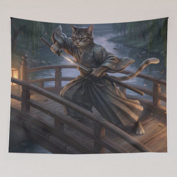 Item preview, Samurai Cat on the Moonlit Bridge – Japanese Fantasy Warrior designed and sold by Mori-no-Akari.