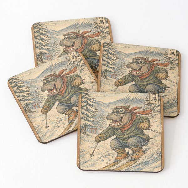 Item preview, Skiing Hippopotamus Japanese Style Woodcut Ski Art designed and sold by Mauswohn.