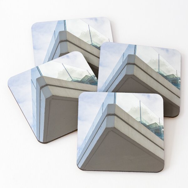 Item preview, Modern Concrete Building Corner With Glass Railing Against Sky Backdrop, Dramatic Perspective View, Architectural Detail designed and sold by Nmallia.