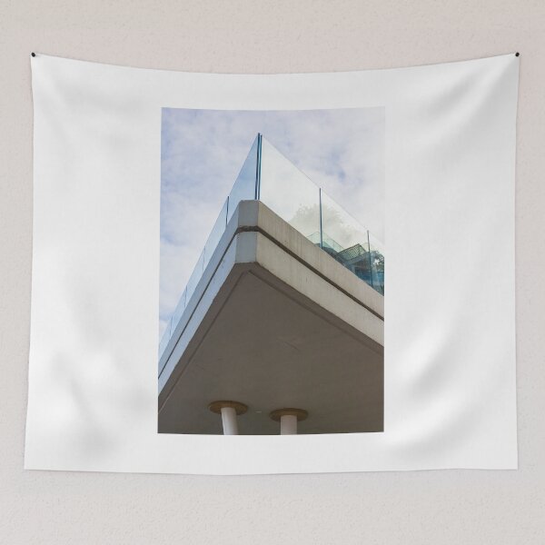 Item preview, Modern Concrete Building Corner With Glass Railing Against Sky Backdrop, Dramatic Perspective View, Architectural Detail designed and sold by Nmallia.
