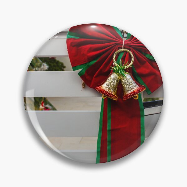 Item preview, Christmas Bow With Red and Green Ribbon and Golden Bells Adorns White Fence designed and sold by Nmallia.