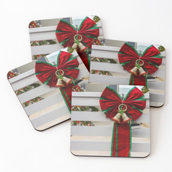 Item preview, Christmas Bow With Red and Green Ribbon and Golden Bells Adorns White Fence designed and sold by Nmallia.