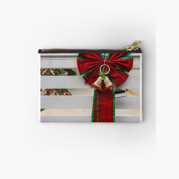Item preview, Christmas Bow With Red and Green Ribbon and Golden Bells Adorns White Fence designed and sold by Nmallia.