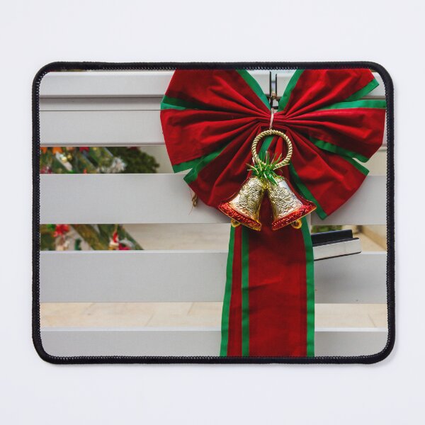 Item preview, Christmas Bow With Red and Green Ribbon and Golden Bells Adorns White Fence designed and sold by Nmallia.