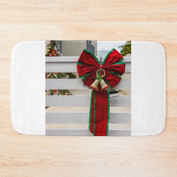Item preview, Christmas Bow With Red and Green Ribbon and Golden Bells Adorns White Fence designed and sold by Nmallia.