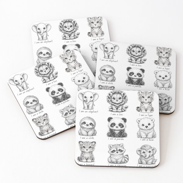 Item preview, Cute Baby Animal Squad – Black and White Kawaii Zoo Drawing designed and sold by Happy'CLICK'.