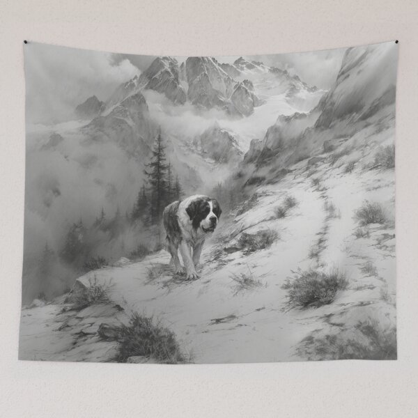 Item preview, A calm Saint Bernard trekking through a stormy mountain pass, Dogs in Motion designed and sold by CDC40.