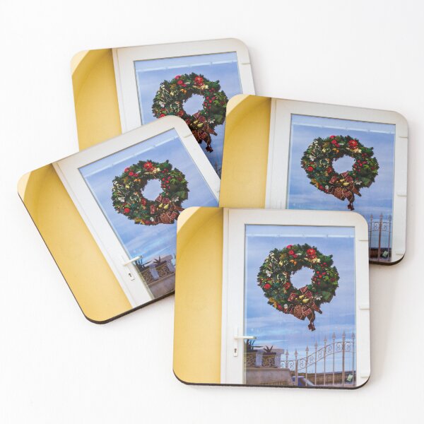 Item preview, Festive Christmas Wreath On Glass Door Against Yellow Wall With Balcony View designed and sold by Nmallia.