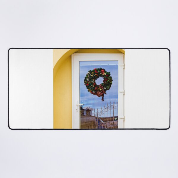 Item preview, Festive Christmas Wreath On Glass Door Against Yellow Wall With Balcony View designed and sold by Nmallia.