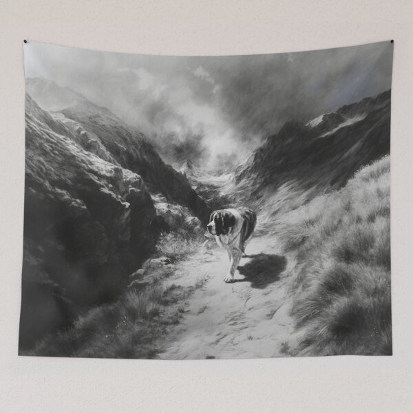 Item preview, A calm Saint Bernard trekking through a stormy mountain pass, Dogs in Motion designed and sold by CDC40.