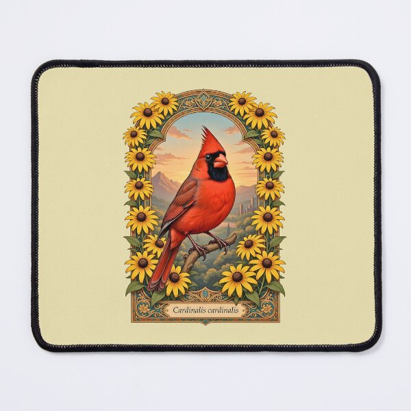 Item preview, Red Cardinal Ornate Yellow Coneflowers Frame Illustration Poster designed and sold by BorgSpareParts.