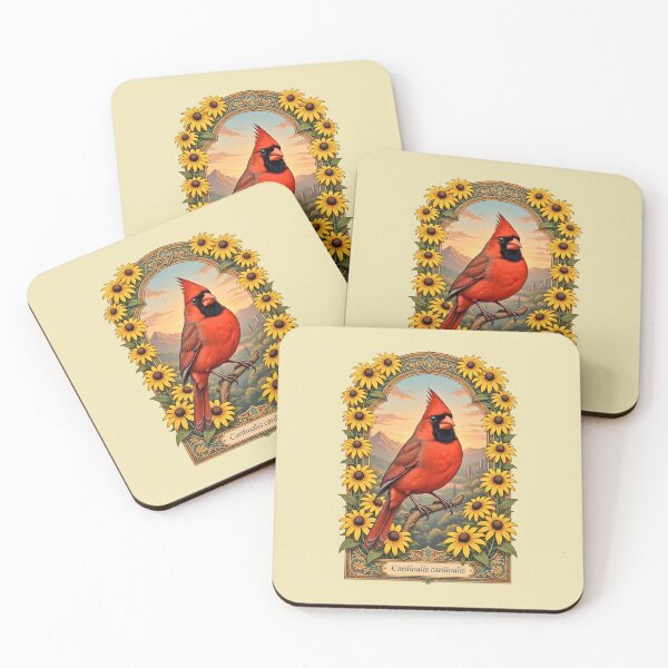 Item preview, Red Cardinal Ornate Yellow Coneflowers Frame Illustration Poster designed and sold by BorgSpareParts.