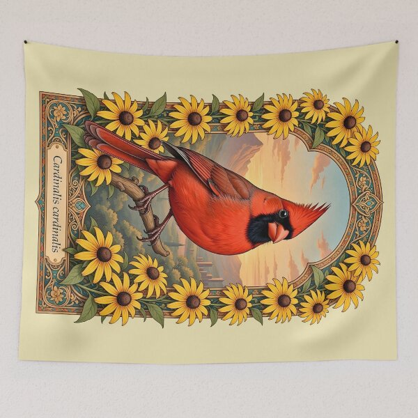 Item preview, Red Cardinal Ornate Yellow Coneflowers Frame Illustration Poster designed and sold by BorgSpareParts.