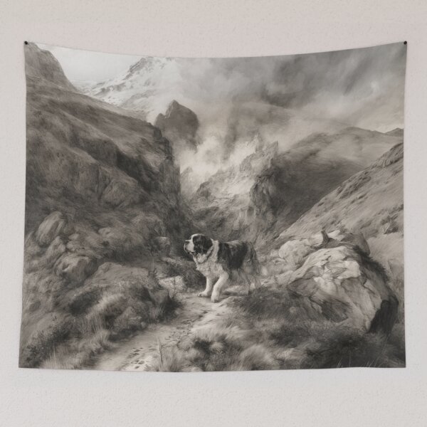 Item preview, A calm Saint Bernard trekking through a stormy mountain pass, Dogs in Motion designed and sold by CDC40.