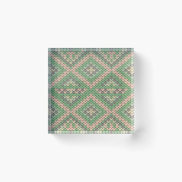 Item preview, A contemporary ethnic-style knitted pattern in green yarn with peach and gray stripes in square shapes. designed and sold by Nengsang.