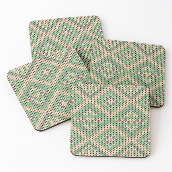Item preview, A contemporary ethnic-style knitted pattern in green yarn with peach and gray stripes in square shapes. designed and sold by Nengsang.