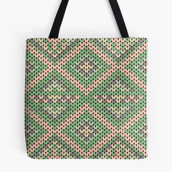 Item preview, A contemporary ethnic-style knitted pattern in green yarn with peach and gray stripes in square shapes. designed and sold by Nengsang.