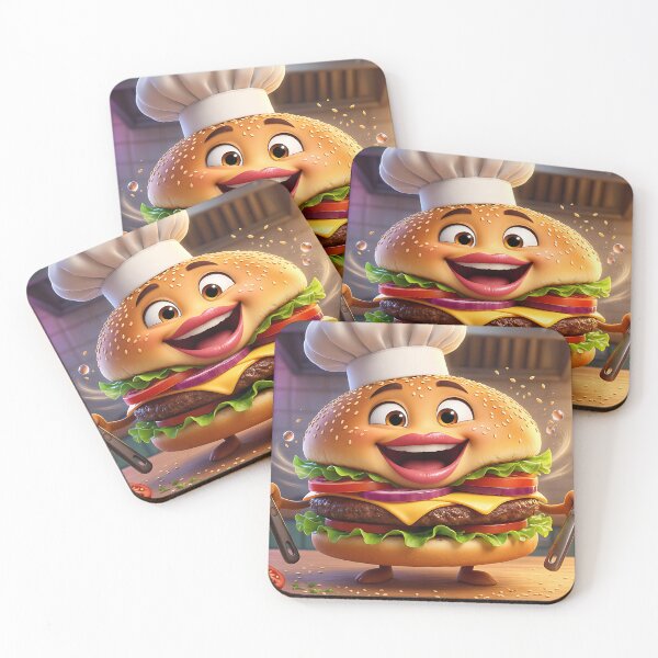 Item preview, Cartoon burger character with chef hat holding spatulas in kitchen designed and sold by MDZULFIKAR.