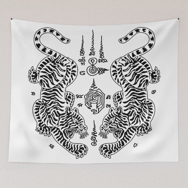 Item preview, Sak Yant Twin Tigers - Traditional Thai Yantra Protection Tattoo designed and sold by Shopeon Designs.