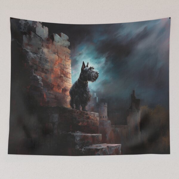 Item preview, A Scottish Terrier standing proudly on ancient castle ruins, Dogs in Motion designed and sold by CDC40.