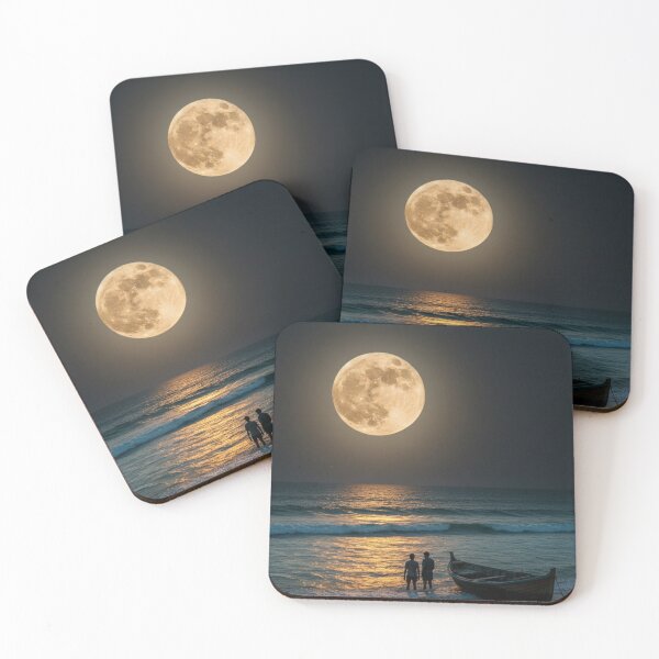 Item preview, Serene Moonlit Beach Scene: Two Figures with Wooden Boat Under Giant Full Moon designed and sold by 3free3street - Neon & Graffiti Digital Art.