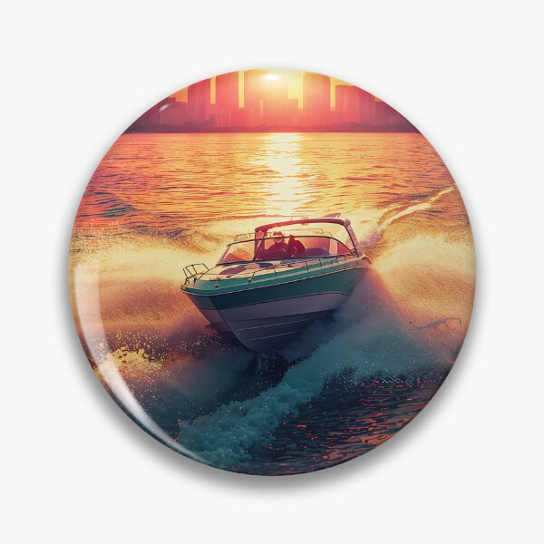 Item preview, Speedboat Biscayne Bay Miami Skyline Golden Sunset Retrowave Art designed and sold by Kynura.