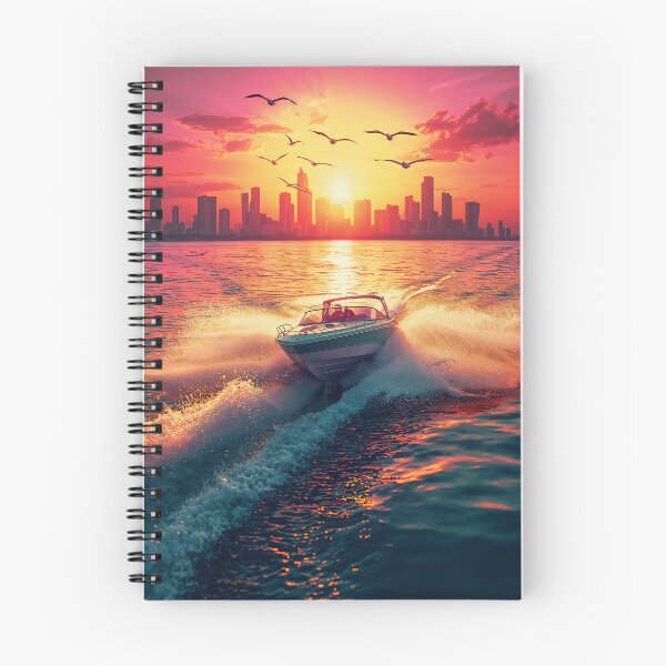 Item preview, Speedboat Biscayne Bay Miami Skyline Golden Sunset Retrowave Art designed and sold by Kynura.