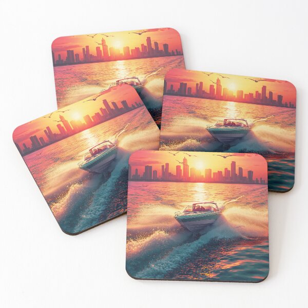 Item preview, Speedboat Biscayne Bay Miami Skyline Golden Sunset Retrowave Art designed and sold by Kynura.