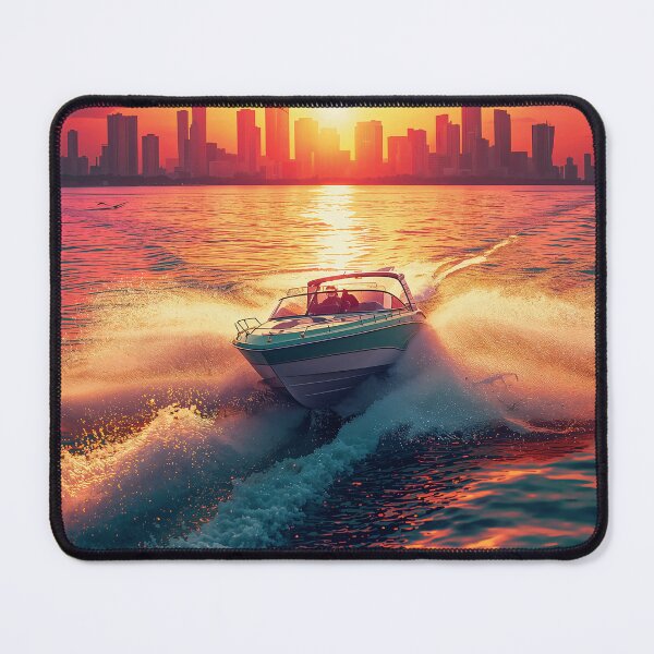 Item preview, Speedboat Biscayne Bay Miami Skyline Golden Sunset Retrowave Art designed and sold by Kynura.