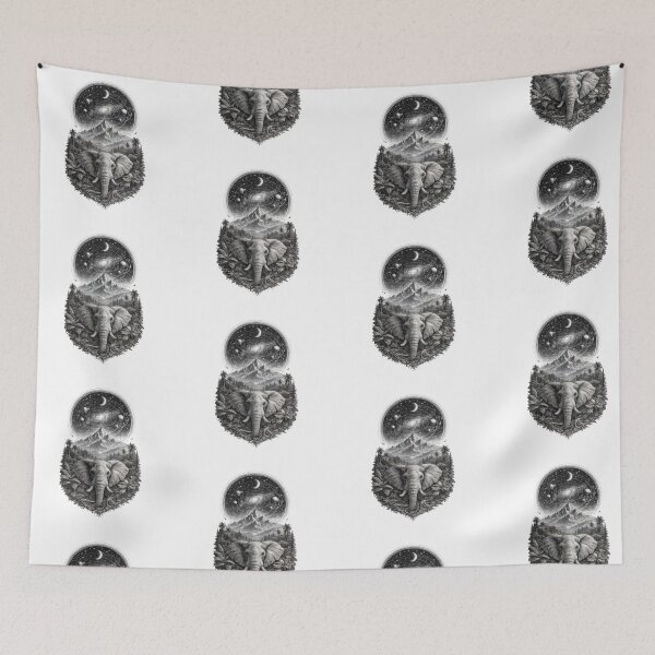 Item preview, Mystic Elephant Cosmic Mountain Black and White Design designed and sold by t-patterns.