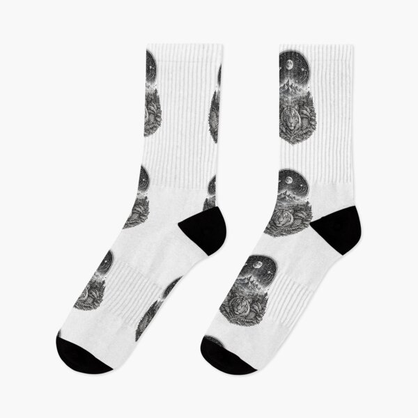 Item preview, Mystic Tiger Cosmic Mountain Black and White Illustration designed and sold by t-patterns.