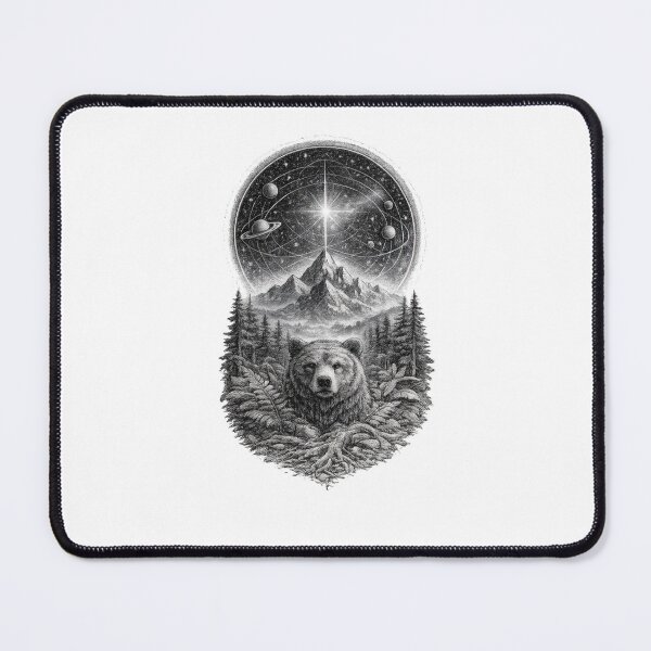 Item preview, Mystic Bear Cosmic Mountain Celestial Black and White Illustration designed and sold by t-patterns.