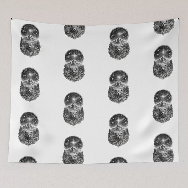 Item preview, Mystic Bear Cosmic Mountain Celestial Black and White Illustration designed and sold by t-patterns.