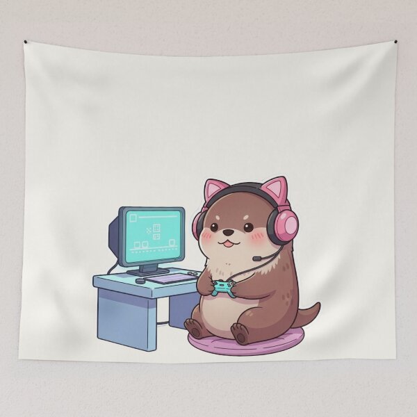 Item preview, Cute Gamer Otter with Pink Cat Headset – Kawaii Gaming Illustration designed and sold by soletstudio.