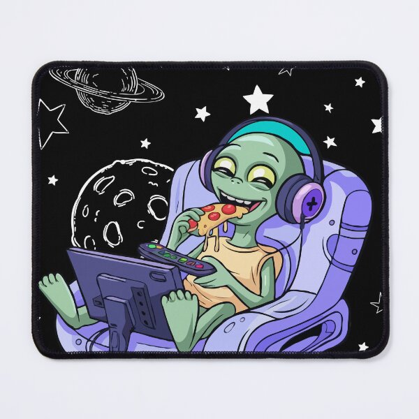 Item preview, Alien Gamer Eating Pizza – Fun Space Chill Illustration designed and sold by Driptee2023.