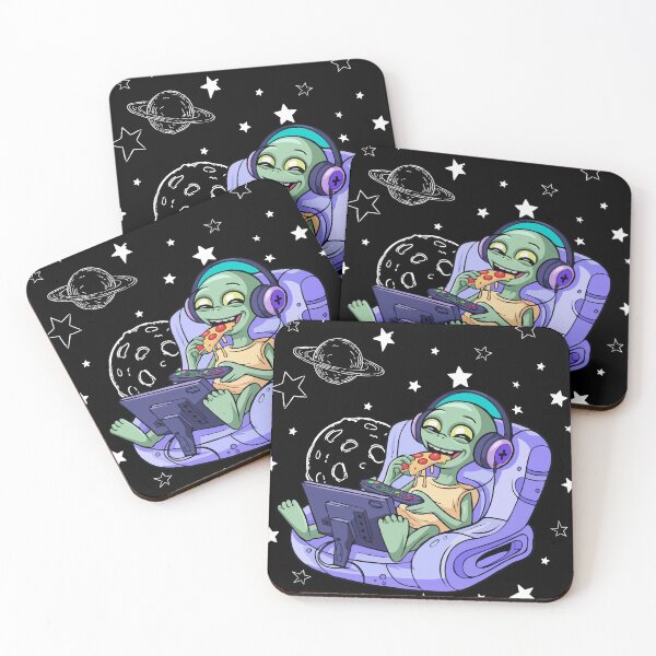 Item preview, Alien Gamer Eating Pizza – Fun Space Chill Illustration designed and sold by Driptee2023.