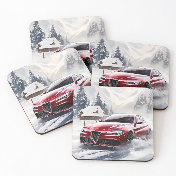 Item preview, Vibrant Red Sports Car Driving Through A Snowy Mountain Landscape designed and sold by RevUpDesign.