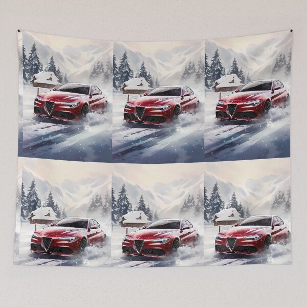 Item preview, Vibrant Red Sports Car Driving Through A Snowy Mountain Landscape designed and sold by RevUpDesign.